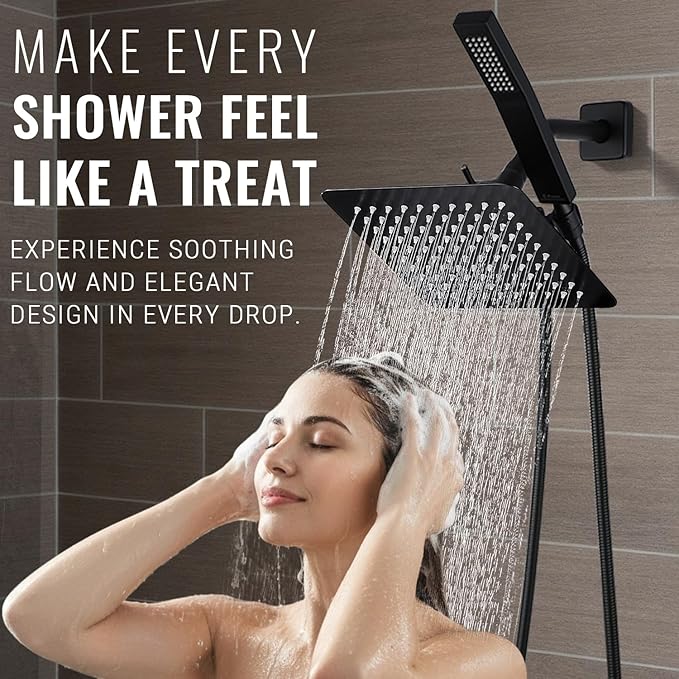 All Metal Shower Faucet Set, Dual Square Shower Head System with Handheld Wand, Diverter, Hose Complete Combo, Pressure Balance Rough-in Valve and Tub Spout Included (Matte Black)