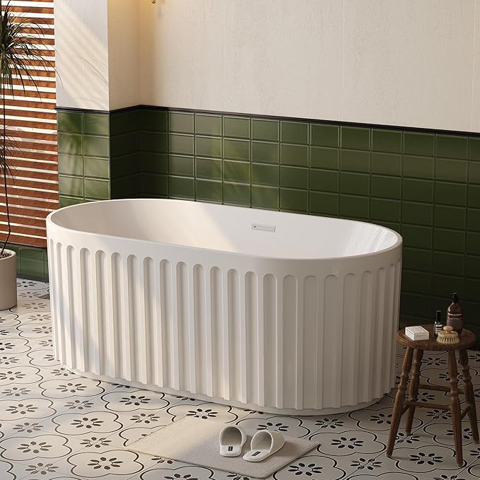 59" Freestanding Bathtub, Deep Soaking Tub with Non-Slip Base, CUPC Certified Stand Alone Tub, Modern Bathroom Soaker Tub with Chrome Drain, Easy Install, White