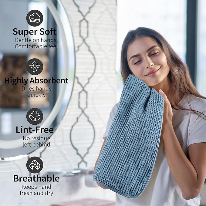 Microfiber Waffle Hand Towels, 4 Pieces, Soft, Absorbent, Fast Drying, Lint Free (Blue)