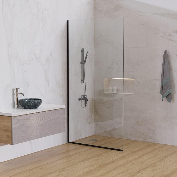Royalty Fixed Shower Screen - 36" x 76" Frameless 3/8" Clear Tempered Glass Panel with Hardware - Easy Clean Smart Guard Coating - Minimalist Modern Design for Bathroom - Matte Black