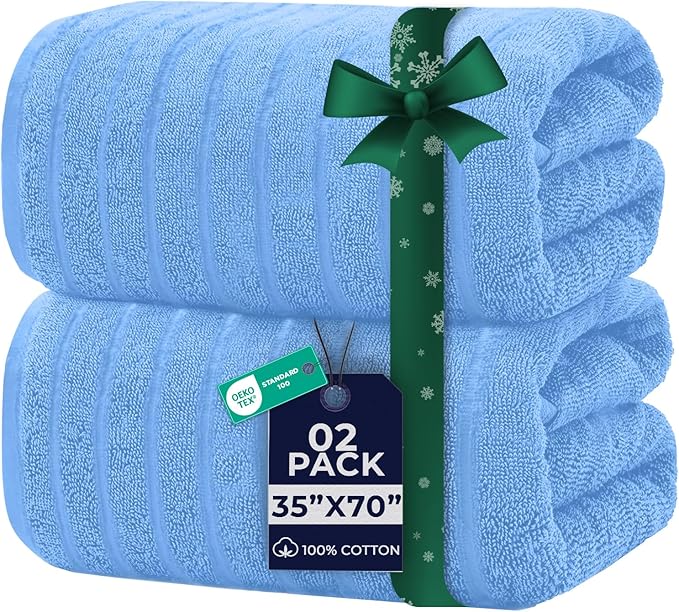 DAN RIVER Pack of 2 Bath Sheet 35x70 Inches, Ribbed Luxury Bath Towel Set, Extra Large and Quick Dry Soft Cotton Towels - Medium Blue