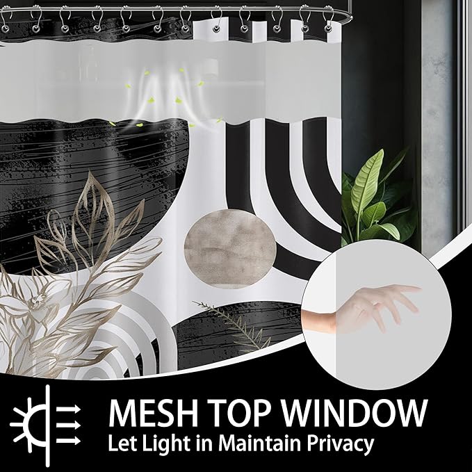 Black and White Boho See Through Mesh Top Shower Curtain with Window, Grey Mid Century Modern Mens Double Layer Shower Curtains with Snap in Liner, Waterproof Fabric with Hooks, 71x72 in