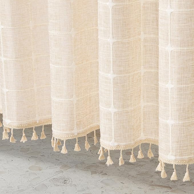 MitoVilla Beige Boho Shower Curtains for Modern Farmhouse Bathroom Decor, Cream Vintage Country Thick Polyester Linen Fabric Shower Curtain, Rustic Tassel Cloth Shower Curtain, 72 x 72