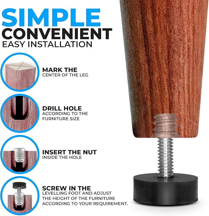 12 Pack All-Rubber 1/4"-20 UNC Leveling Feet with Inserts, Adjustable Levelers for Table Chair Stool Legs - 0.35" to 0.85" Height Range, Anti-Slip