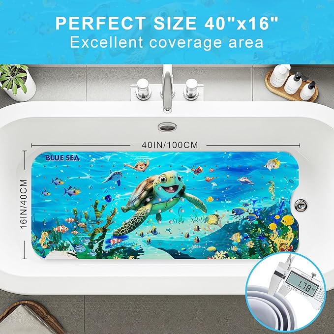 Upgrade Cartoon Baby Bath Mat Non Slip - 40"x16" Extra Long Bathtub Mat for Baby Eco Friendly Durable Bath Mat for Tub Non Slip Kids Tub Mat with Suction Cups, Machine Washable and No Fading, Turtle