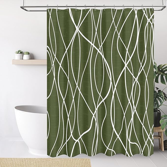 Tititex Morden140gms Faux Linen Fabric Bath Shower Curtain Set Textured Fabric with Olive White Curve Pattern 72x72 Inch Water Resistant Bathroom Curtains, Weighted Hem & Hooks for Hotel/Home