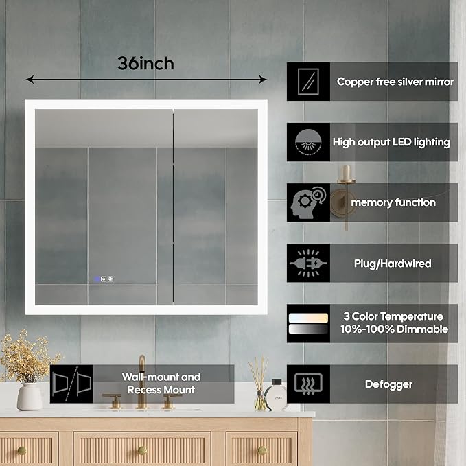 WELLFOR 36 x 32 Inch LED Medicine Cabinet with Lights, 3X Magnification Makeup Mirror, Bathroom Vanity Mirror Cabinet with Storage, Anti Fog, Surface or Recess Mount, Double Opening Door