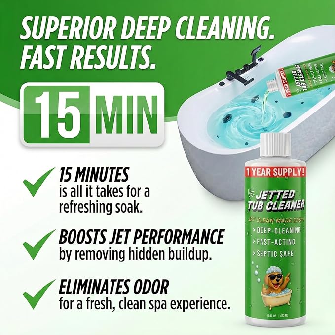 Jetted Tub Cleaner for Whirlpool & Jacuzzi Baths – Deep Jet Line & Pipe Flush Formula Removes Yuck, Buildup & Residue – Heavy Duty Bathtub Jet Cleaner for Acrylic & Fiberglass Tubs – Made in USA