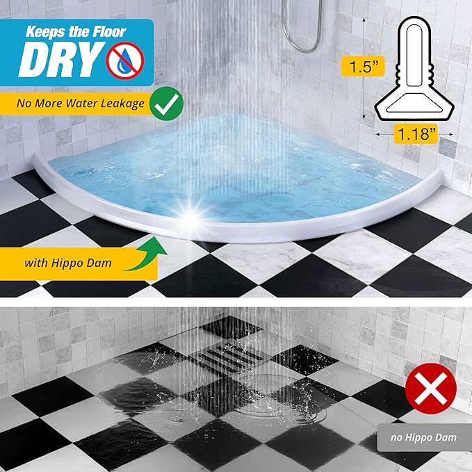 Shower Threshold Water Dam Barrier 98" - White Collapsible Shower Water Blocker - Shower Guard for Walk in Shower - Water Guard Stopper for Floor - Shower Dam - 1.5" Tall - By Hippo Dam