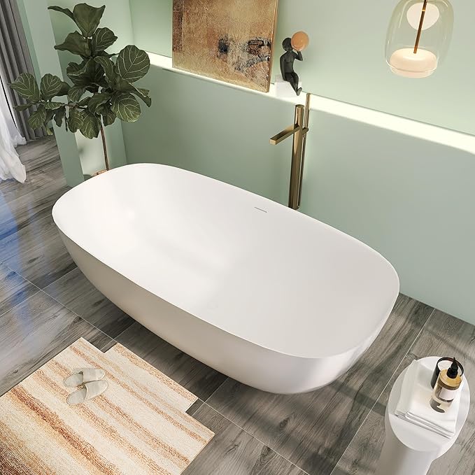 67" Upgraded Modern Solid Surface Free Standing Tub, Unique Matte White Stone Resin Soaker Tubs with Pop-up Drain