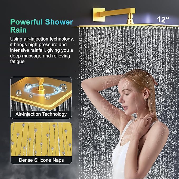 SR SUN RISE 12 Inch Brushed Gold Shower Faucet Set, Wall-Mount Adjustable 16-Inch Slide Bar with Square Hand Shower System Included Valve and Trim Kit