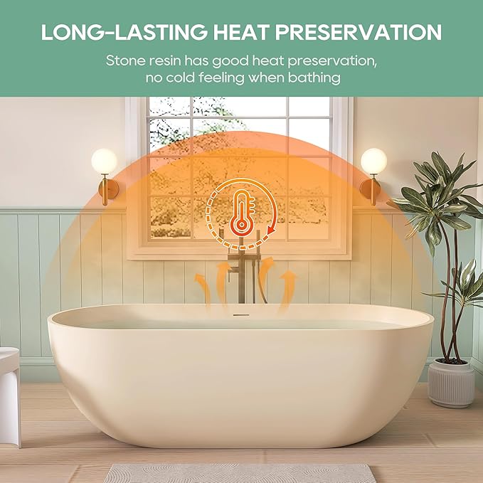 SJ STAR&JANE 69" Solid Surface Freestanding Bathtub,Milk Coffee Stone Resin Soaking Tub, Modern Stand Alone Tub for Bathroom, Integrated with Overflow & Pop-up Drain