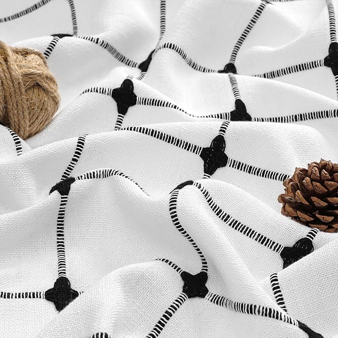 MitoVilla Ivory Boho Black Farmhouse Shower Curtain Set 72 x 78, White 78 inch Long Polyester Linen Tassel Fabric Shower Curtain Set for Chic Cottagecore French Rustic Bathroom Decor