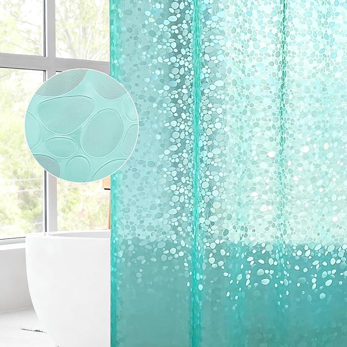 WELTRXE 8G EVA Clear Teal Shower Curtain with 3D Pebbles Design, 72x72 Inches Plastic Waterproof Shower Curtain Liner with Magnets/12 Hooks/Rustproof Grommets for Bathroom, Heavy Shower Liner