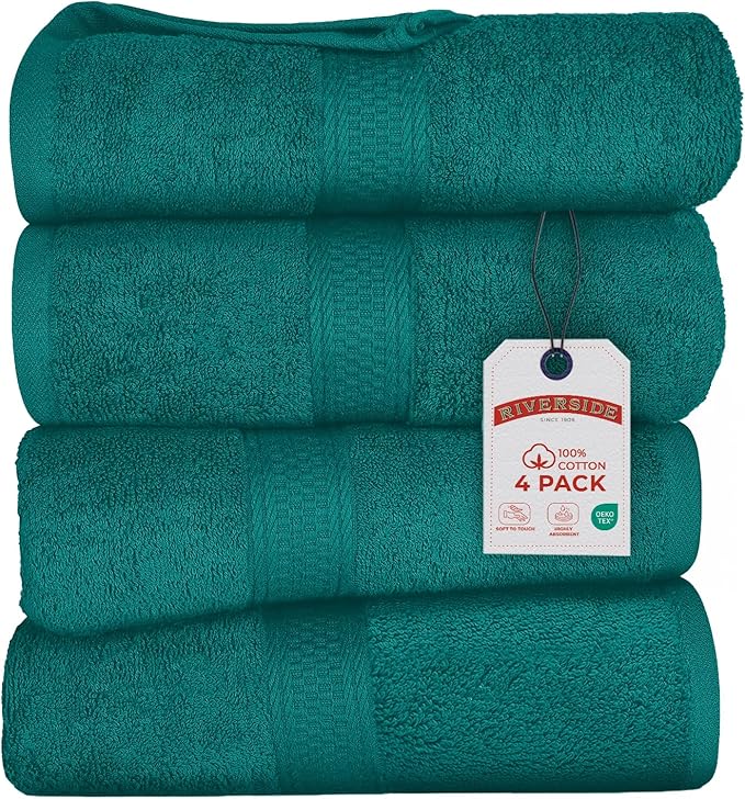 RIVERSIDE 100% Ring Spun Cotton Large Bath Towels Set of 4, 27 x 54 Inches – Quick Dry, Soft & Highly Absorbent Towels for Shower & Bathroom – Luxury 600 GSM Towels for Home, Spa, Gym, Hotel, Teal