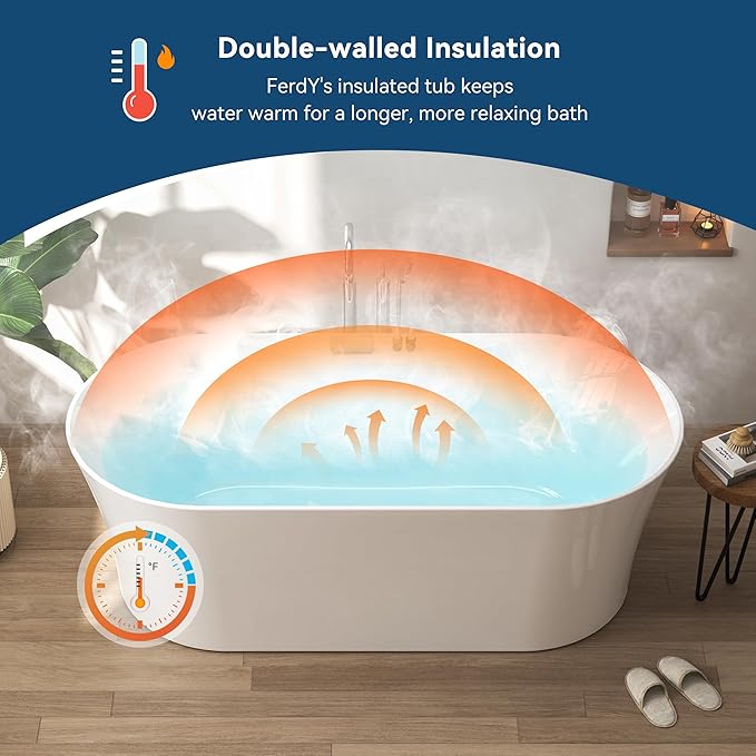 FerdY Santorini 67" Acrylic Freestanding Tub, Gracefully Shaped Contemporary Soaking Tub, Glossy White, cUPC Certified, Polished Gold Toe-tap Drain and Overflow