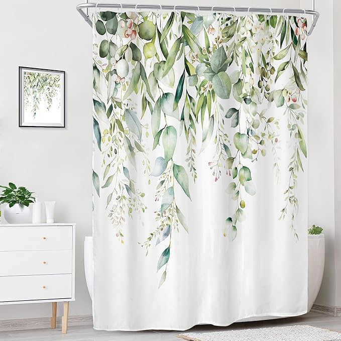Riyidecor Extra Long Eucalyptus Leaves Shower Curtain for Bathroom Decor 72Wx96H Sage Green Botanical Plants Spring Leaf Floral Herbs Art Printed Fabric Polyester Waterproof 12 Pack Plastic