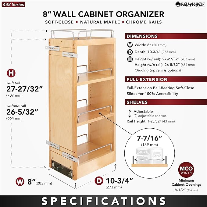 Rev-A-Shelf 8" Pull Out Shelf Organizer for Kitchen and Bathroom Cabinets, Wooden Slide Out Spice or Medicine Rack w/Soft-Close, 448-BBSCWC-8C
