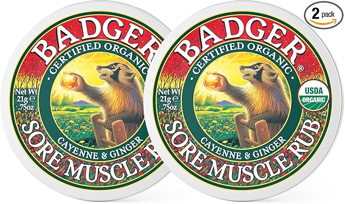 Badger - Sore Muscle Rub, Cayenne Pepper and Ginger, Organic Sore Muscle Rub, Warming Balm, Muscle Relief Balm, Warming Muscle Rub, 0.75 oz (2 Pack)