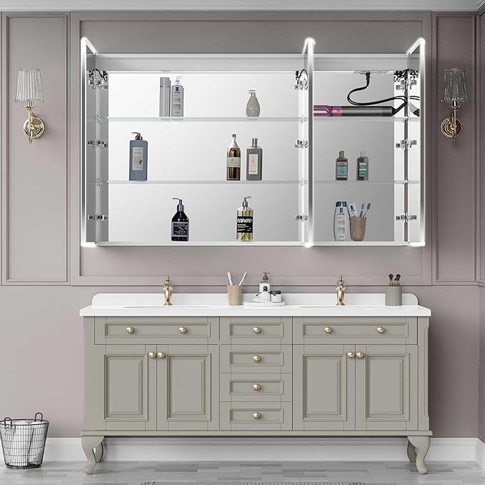 Recessed Medicine Cabinets for Bathroom with Mirror, Only Recessed Medicine Cabinet with Defogger, Dimmer, Outlets & USB, Three Doors