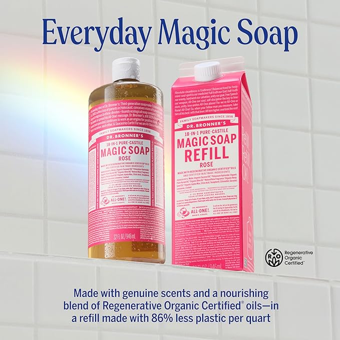 Dr. Bronner's Pure-Castile Magic Soap Liquid- Made with Regenerative Organic Certified Oils- For Body, Face, Hair, Dishes, Laundry, Vegan Bath Soaps for Men & Women, Non-GMO - Rose, 32oz + Refill