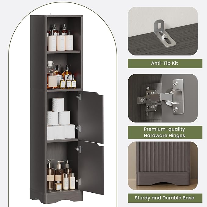 67" Tall Bathroom Organizer and Storage, Narrow Storage Cabinet with 2 Doors and 4 Shelves, Freestanding Floor Storage Unit,15.7" W x 11.8" D x 66.9" H, Grey