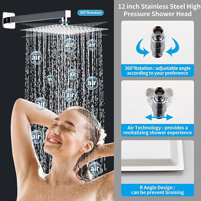 12inch Polished Chrome Shower System with Tub Spout, Shower Faucet Set with Rain Shower Head and Handheld 3-Setting, Waterfall Bathtub Spout Rainfall Shower Combo Set for Bathroom Wall Mounted