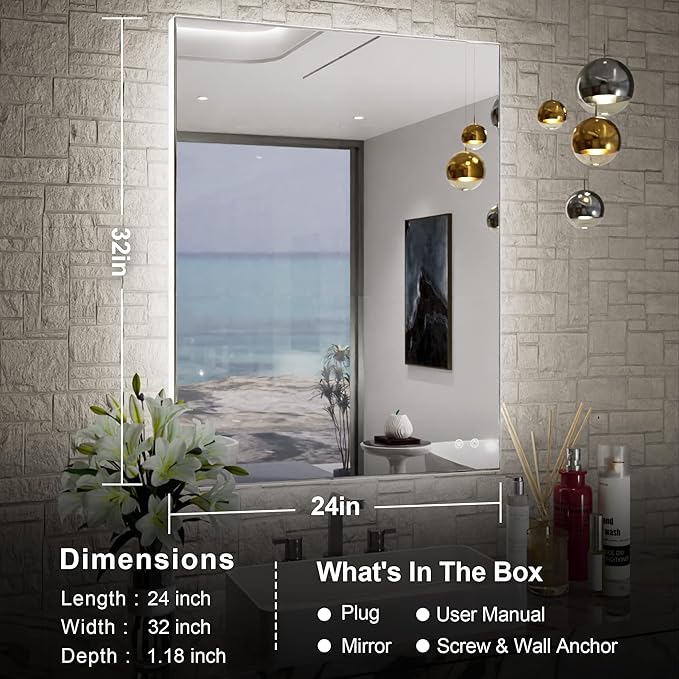 TETOTE 24x32 LED Backlit Mirror Bathroom with Light,3Color White/Warm/Natural,Anti-Fog Lighted Mirror,Dimmable,Vanity Mirror,Wall Mounted