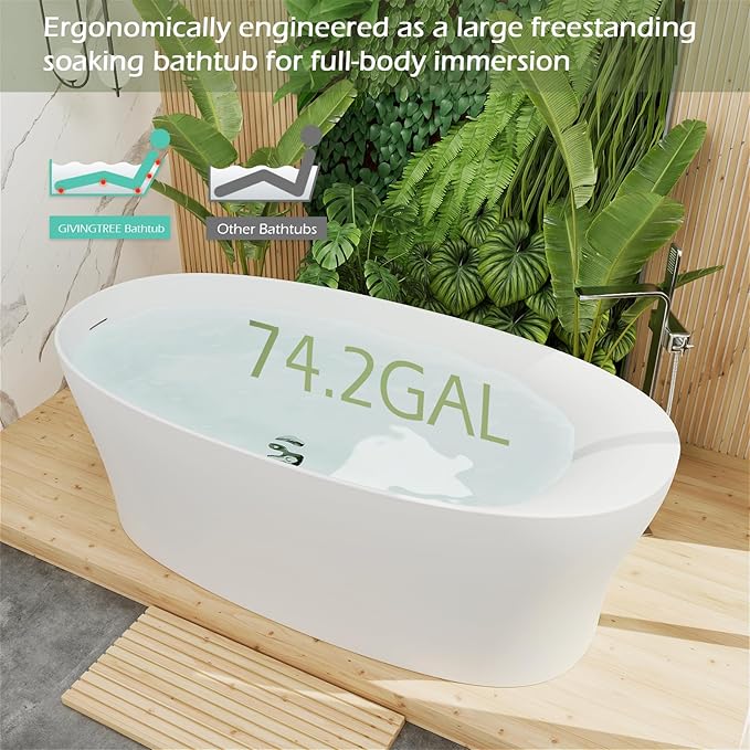 GIVINGTREE 63'' Freestanding Solid Surface Resin Stone Bathtub, Contemporary Design Stand Alone Tub with Pop-up Drain and Overflow, cUPC Certified (PO1072-White)
