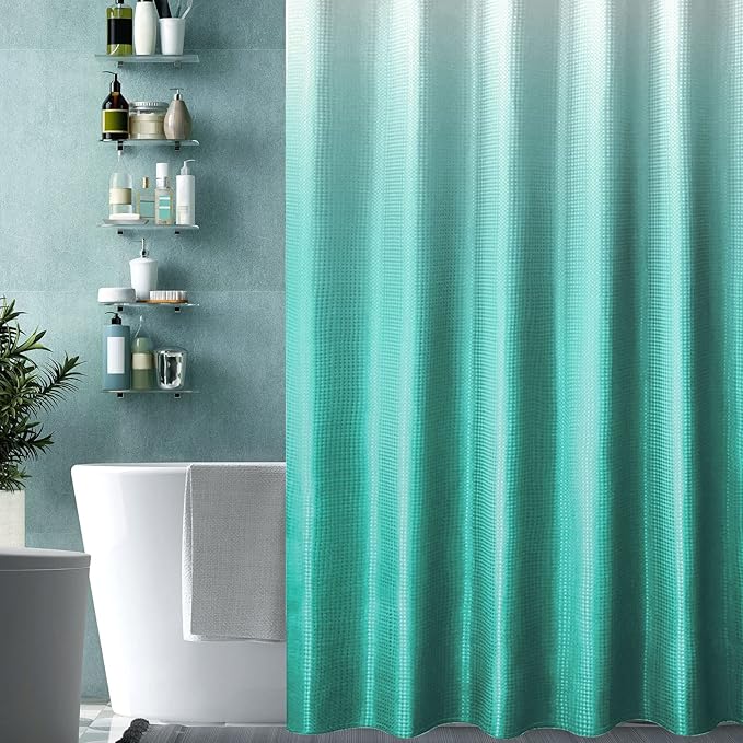 Gibelle Teal Shower Curtain for Bathroom, Waffle Weave Ombre Textured Fabric Shower Curtain Set with Hooks, Water Repellent and Machine Washable, 72 x 72