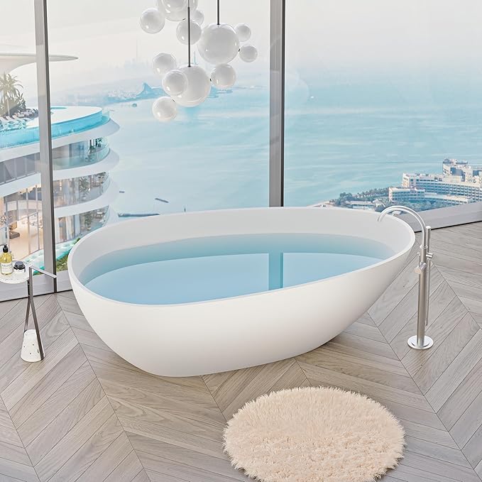 Abruzzo 59" Small Freestanding Bathtub Solid Surface - Egg Shape Stone Resin Soaking Tub with Overflow Drain, cUPC Certified Matte White, Compact Oval Tub for Limited Space Bathrooms