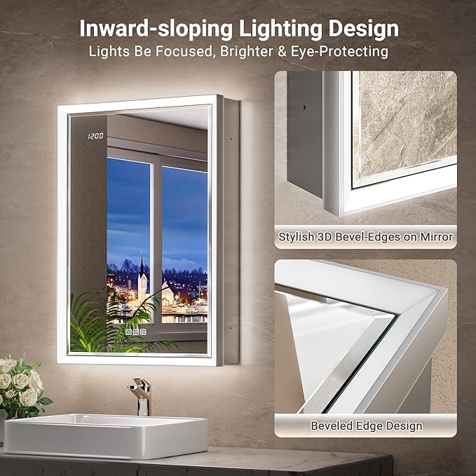 Beveled Lighted Medicine Cabinet with Mirror & Lights -20x26 Surface or Recessed Mirrored Medicine Cabinet with Outlet & Clock, Anti-Fog Dimmable LED Storage Cabinet, Built-in Sensor Light