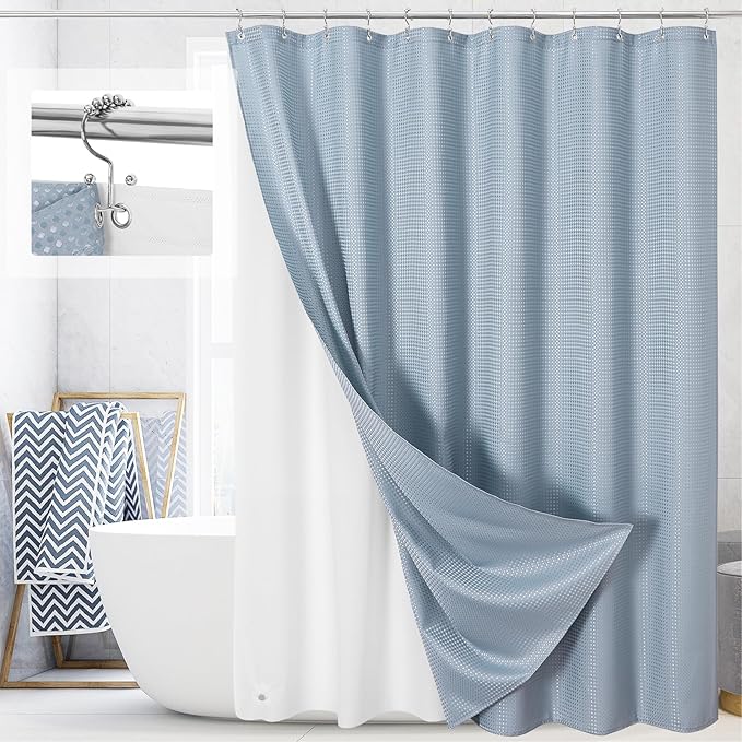 3 in 1 Extra Long Blue Shower Curtain Set-72 W x 84 H, Fog Blue Waffle and PEVA Liner Set with 12 Stainless Steel Hooks, Waterproof Fabric for Bathroom
