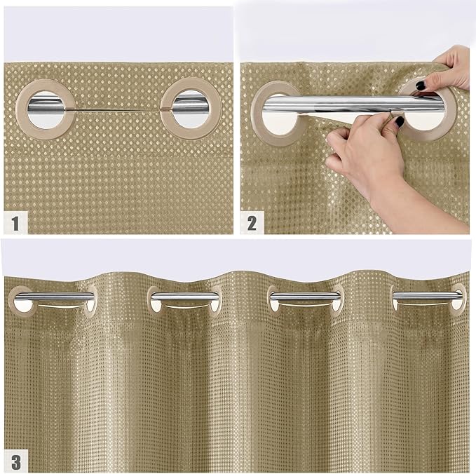 MitoVilla No Hooks Needed Beige Waffle Shower Curtain Liner Set, Modern Waffle Weave Heavy Duty Fabric Cloth Shower Curtain with Snap-in Liner for Luxury Neutral Hotel Spa Bathroom Decor 72 x 74