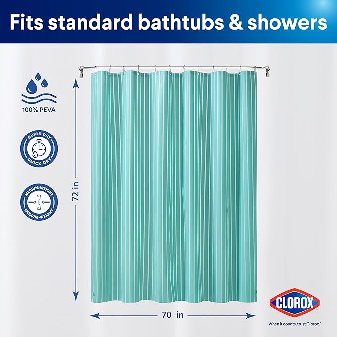 CLOROX Shower Curtain Liner, Premium Striped Medium-Weight Durable Waterproof 6g PEVA for Bathroom with Weighted Magnets, Printed Standard Size 72" x 72", Aqua