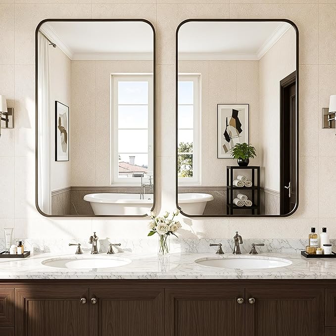 Antok 2-Pack Bathroom Mirrors, 22"x30" Double Wall Mirrors, Decorative Mirror Vanity Mirror Aluminum Alloy Frame Contemporary Hanging for Living Room Bathroom Entryway, Black