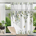 No Hook Shower Curtain and Liner Set, Sage Green Eucalyptus Floral Shower Curtains for Bathroom, Bath Curtain Sets with Snap in Liner, Waterproof with See Through Top Window, 71x77 Inches