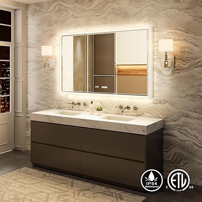 60x30 Beveled Lighted Medicine Cabinet with Mirror & Lights, Surface or Recessed Mirrored Medicine Cabinet with Outlet & Clock, Anti-Fog Dimmable LED Storage Cabinet, Built-in Sensor Light