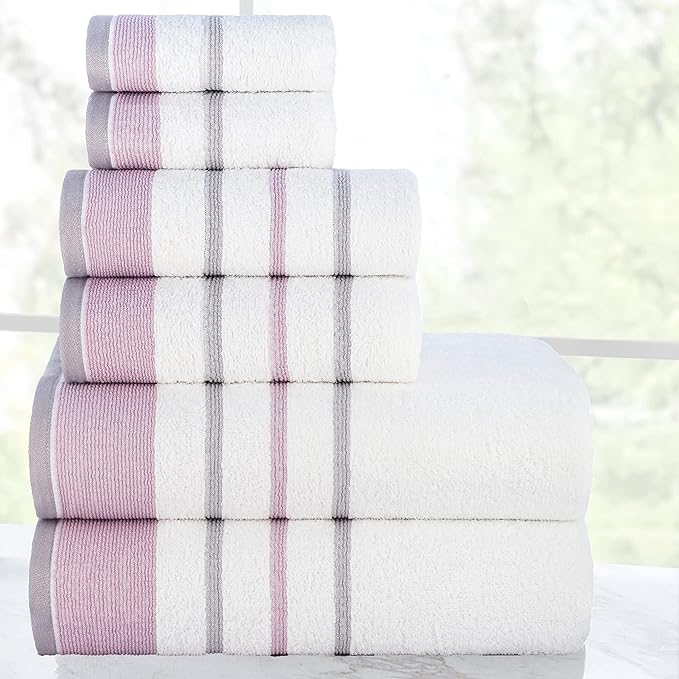 CASA COPENHAGEN White Bay, 6 Pieces Towel Set- White with Lavender and Grey Violet Border, 600 GSM, 2Bath, 2Hand, 2Washcloths Egyptian Cotton Towel for Hotel Spa Kitchen Bathroom Kitchen & Shower