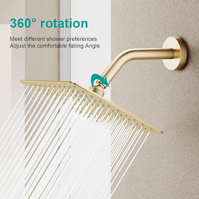 Square Rain Shower Head, High Flow Stainless Steel,Work with any decorative style，All Metal Rainfall Shower Head (Brushed Gold, 8)