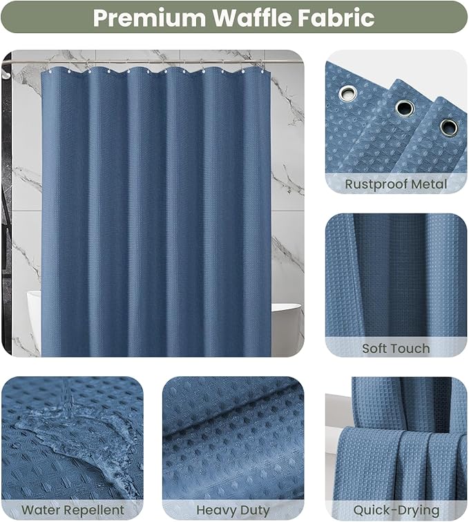 Inhousolu Fabric Shower Curtain Waffle Weave, Moonlight Blue 230 GSM Heavy Duty, Weighted Hem, 14 Metal Hooks, Water Repellent, Machine Washable, Hotel Spa Luxury Bath Curtain Set, 72 x 72 Inch