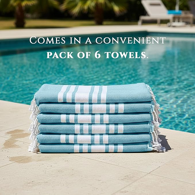 Turkish Cotton Beach Towel Pack of 6 & 1 Boho Tote Bag - Hammam Towels - No Shrink - Quick Dry - Lightweight - Sand Free - Camping - Pool - Tanning - Beach Essentials - Sky Blue (40"x70")