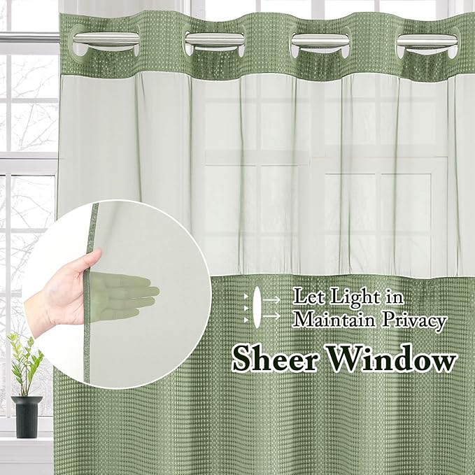 Gibelle Stall Small Shower Curtain 36x74, Waffle Weave Shower Curtain with Snap-in Fabric Liner Set, No Hooks Needed, Hotel Style with Mesh Top Window, Sage Green
