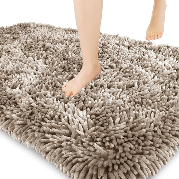 Yimobra Chenille Bathroom Rugs Non Slip, Extra Thick Soft Absorbent Bath Rug 31.5x20 Inch, Machine Washable Quick Dry Bath Mat for Bathroom Floor, Tub and Shower, Home Decor Accessories, Camel