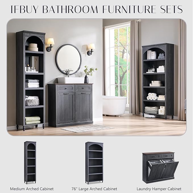 76" Tall Arched Bathroom Storage Cabinet, 5 Tiers Large Farmhouse Arched Cabinet w/Adjustable Shelves, Modern Wooden Storage Cabinet for Bathroom, Living Room, Entryway, Study Room (Dark Grey)
