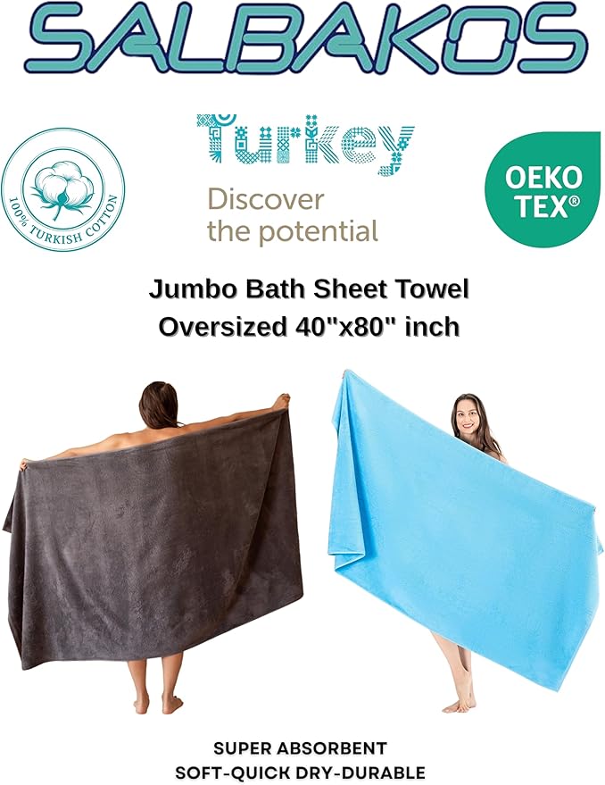 SALBAKOS 100% Turkish Cotton Jumbo Bath Sheet Towel Oversized 40x80 inch | Premium Hotel & Spa Quality, Soft, Absorbent, XL Bath Towels | Made in Turkey (Pack of 1, Green, Jumbo Bath Sheet)