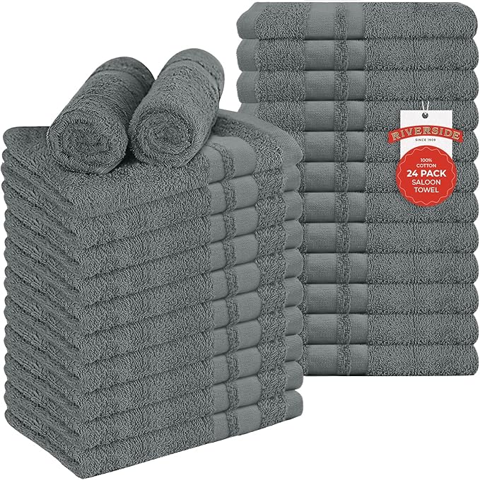 RIVERSIDE Pack of 24 Salon Towels Set – 16 x 26 Inches, 100% Ring Spun Cotton Highly Absorbent and Quick Dry Towels for Salon, Hand, Barber, Gym, Home & Hair Care, Grey