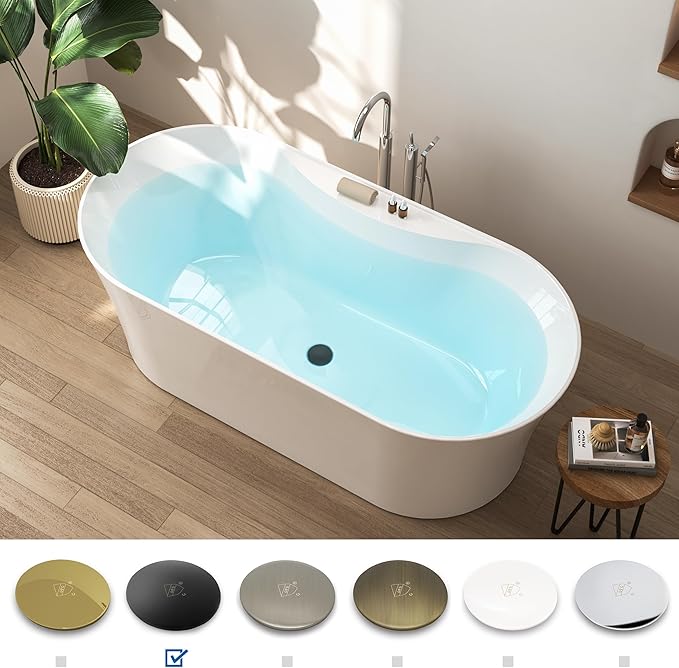 FerdY Santorini 67" Acrylic Freestanding Tub, Gracefully Shaped Contemporary Soaking Tub, Glossy White, cUPC Certified, Matte Black Toe-tap Drain and Overflow