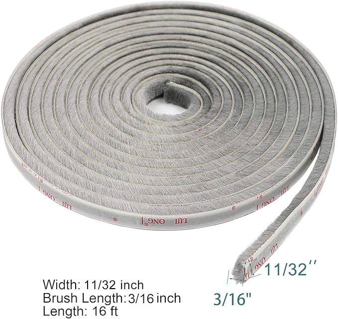 TORRAMI Felt Pile Weather Stripping 11/32 inch x 3/16 inch x 16 ft, Sliding Windows and Door Frame Side Brush Seal, Draft Stopper Soundproofing, Grey
