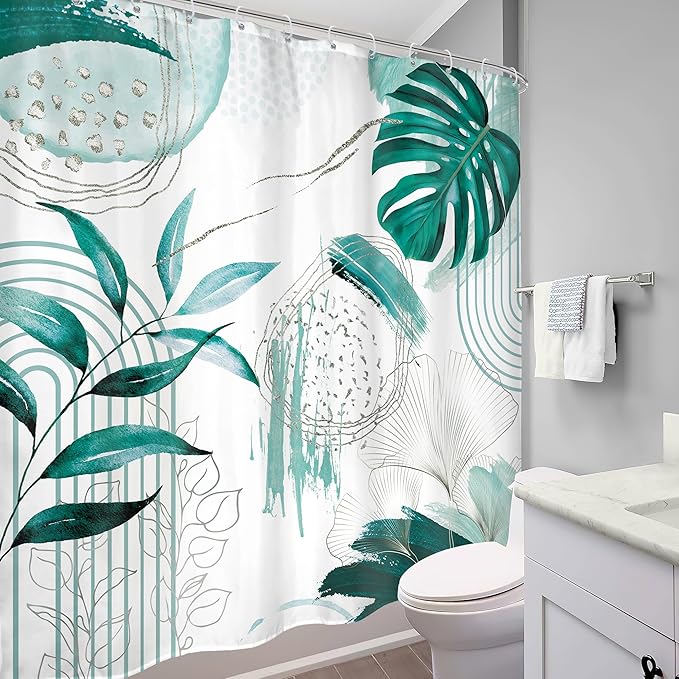 Green Boho Shower Curtain 72Wx72H Bohemian Modern Abstract Teal Tropical Palm Leaves Plant Arch Lines Mid Century Bathroom Decor Minimalist Geometric Bath Curtain Fabric Polyester 12 Pack Hooks